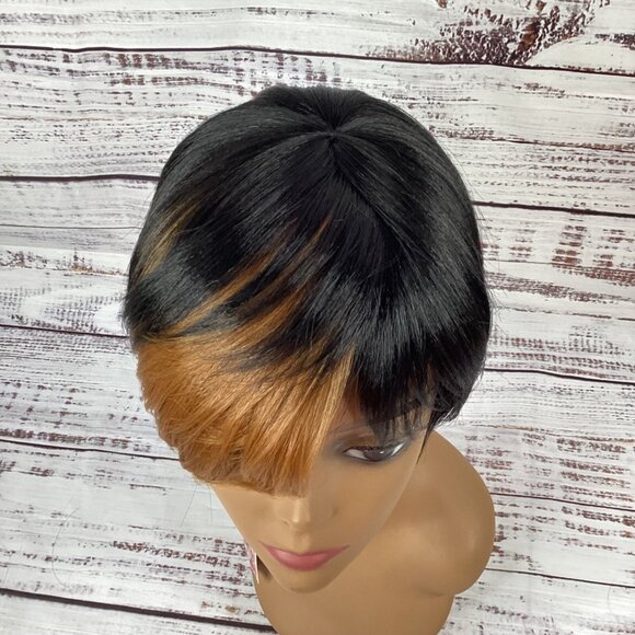 Bio Shag Tapered Wig FF27 Black w/ Blonde Swoop Heat Safe Adjustable Synthetic - Picture 5 of 7